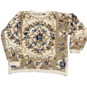 Vtg 90's CRYSTAL-KOBE Women's Floral Thick Knit Crewneck Sweater SZ L